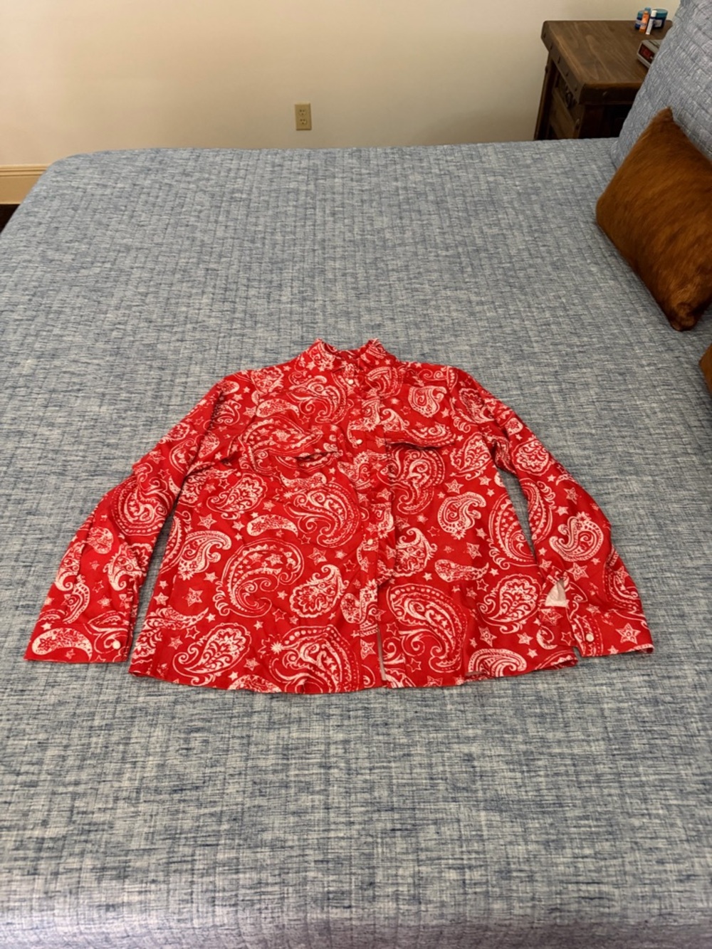 SHEIN Red Paisley Button-Up Blouse